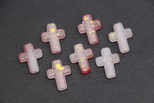 Matte Cross Beads with Gold Specks, Rose Mauve Ombre Frosted Acrylic Cross Beads #3751