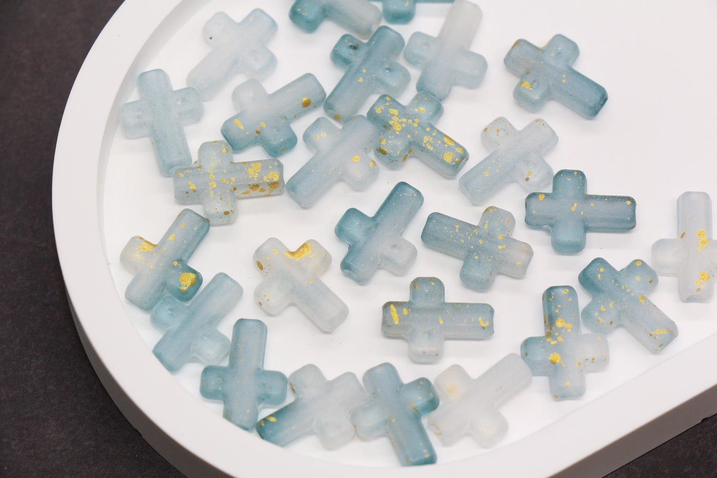 Matte Cross Beads with Gold Specks, Mist Gray Ombre Frosted Acrylic Cross Beads #3748