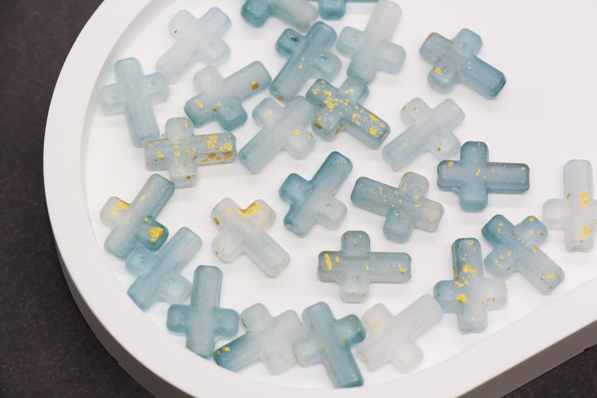 Matte Cross Beads with Gold Specks, Mist Gray Ombre Frosted Acrylic Cross Beads #3748