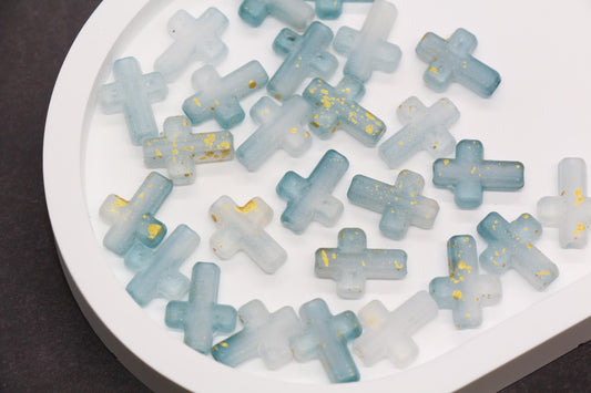 Matte Cross Beads with Gold Specks, Mist Gray Ombre Frosted Acrylic Cross Beads #3748