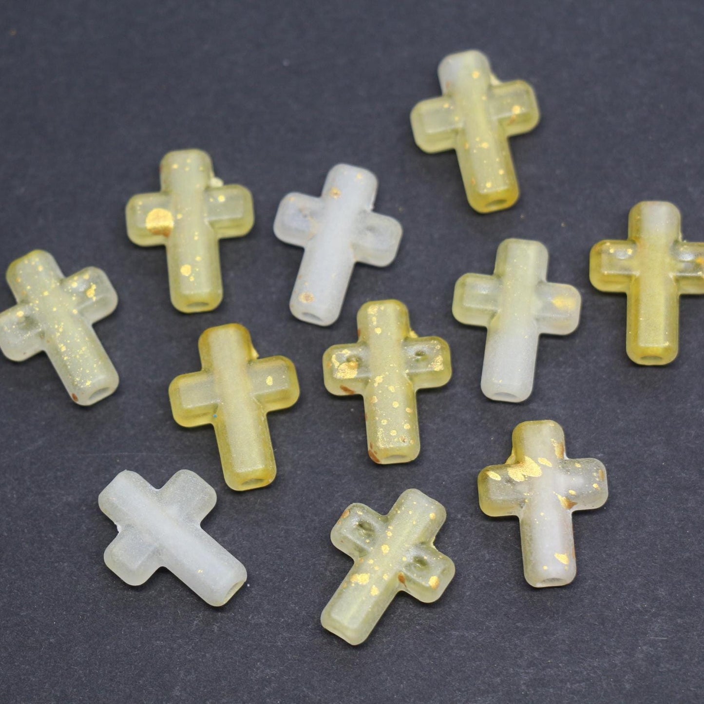 Matte Cross Beads with Gold Specks, Yellow Ombre Frosted Acrylic Cross Beads #3754