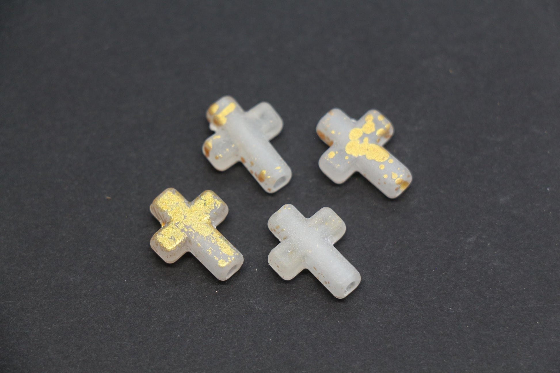 Matte Cross Beads with Gold Specks, Milky White Ombre Frosted Acrylic Cross Beads #3755