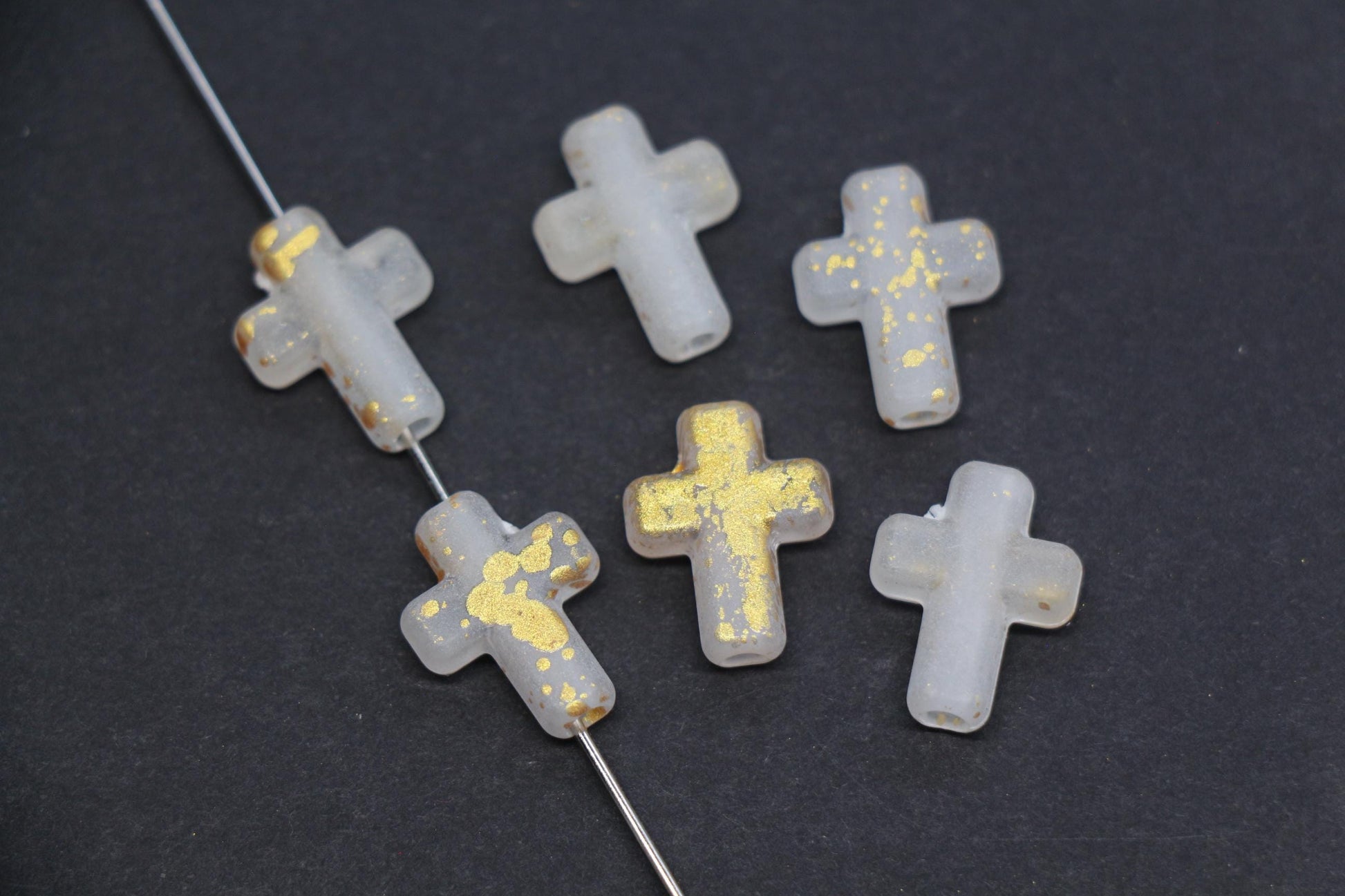 Matte Cross Beads with Gold Specks, Milky White Ombre Frosted Acrylic Cross Beads #3755