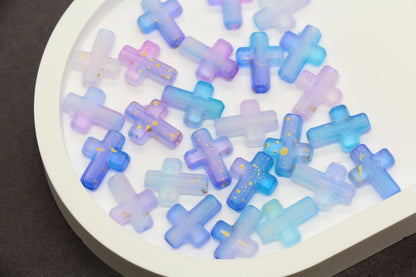 Matte Cross Beads with Gold Specks, Indigo Ombre Blue Purple Mix, Frosted Acrylic Cross Beads #3756