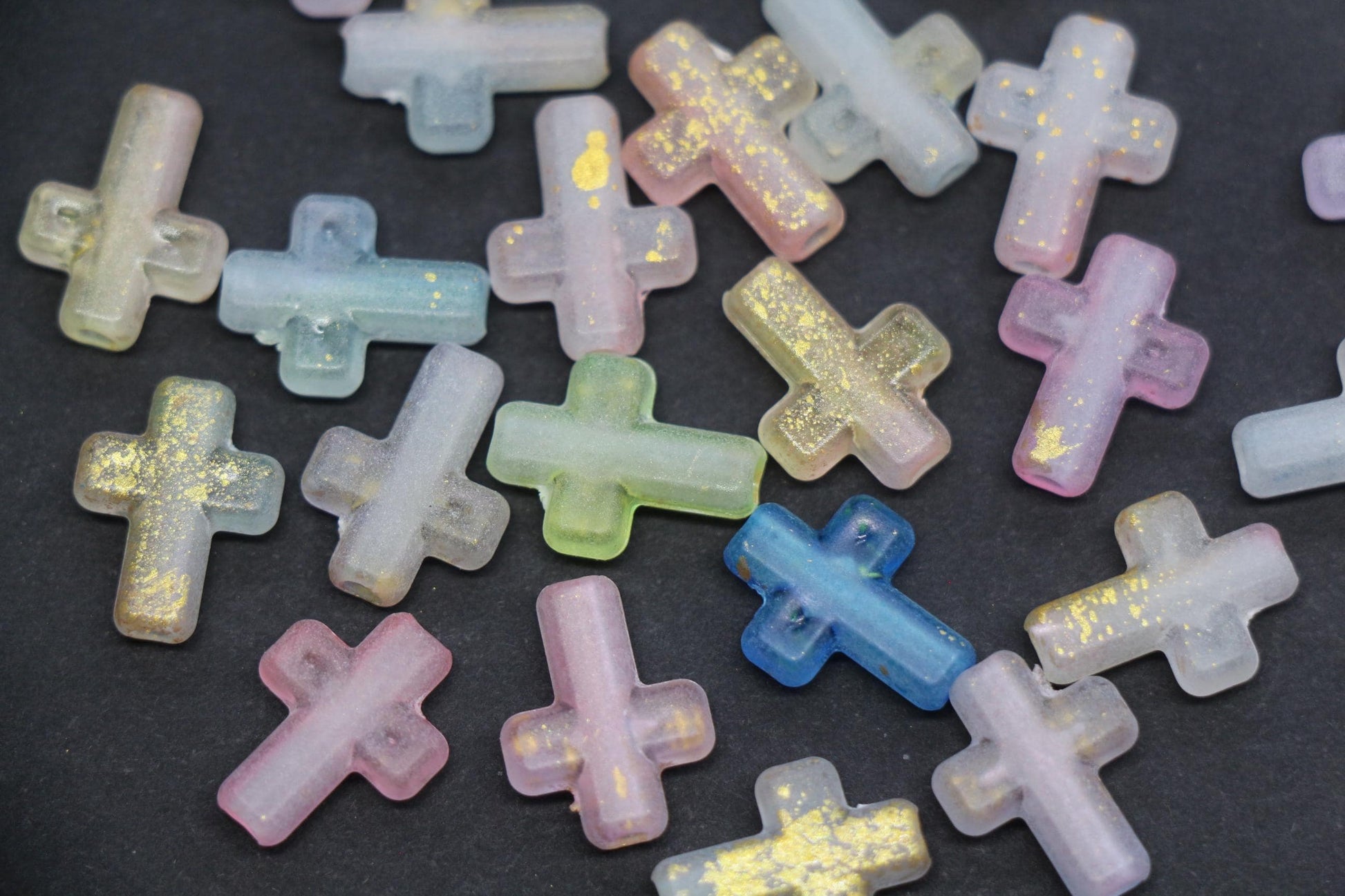 Matte Cross Beads with Gold Specks, Pastel Mix Ombre Assorted Colors, Frosted Acrylic Cross Beads #3758