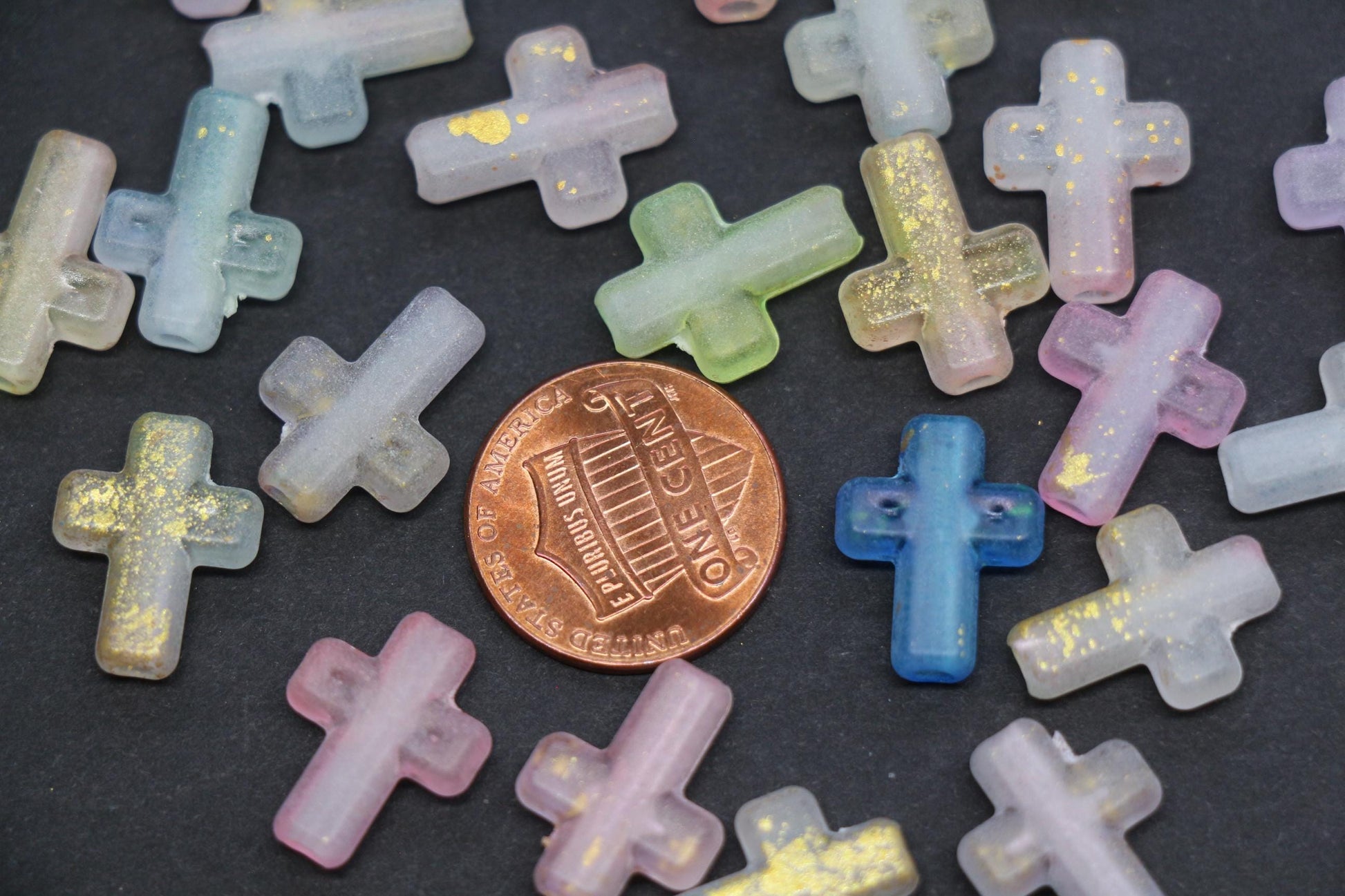 Matte Cross Beads with Gold Specks, Pastel Mix Ombre Assorted Colors, Frosted Acrylic Cross Beads #3758