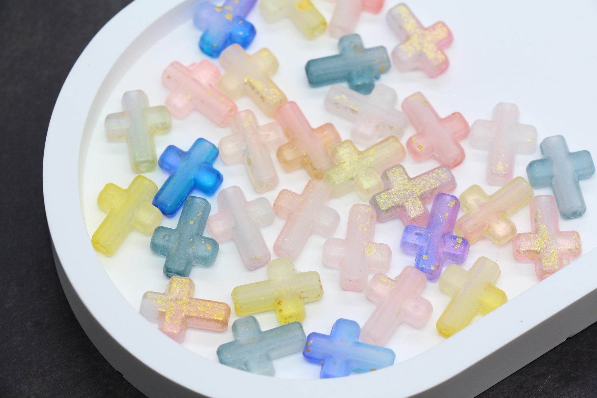 Matte Cross Beads with Gold Specks, Pastel Mix Ombre Assorted Colors, Frosted Acrylic Cross Beads #3758