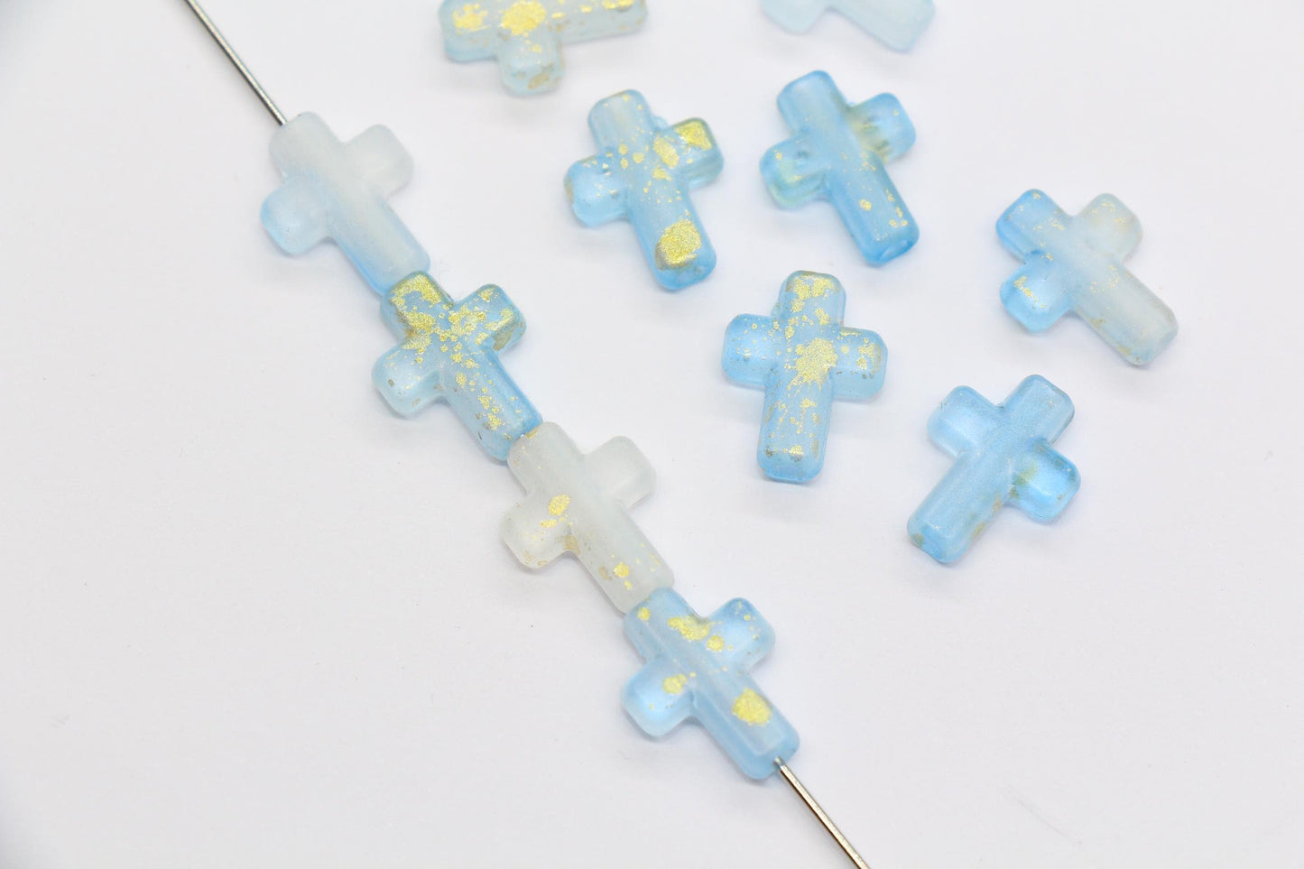 Matte Cross Beads with Gold Specks, Sky Blue Ombre Frosted Acrylic Cross Beads #3747