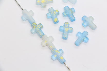 Matte Cross Beads with Gold Specks, Sky Blue Ombre Frosted Acrylic Cross Beads #3747