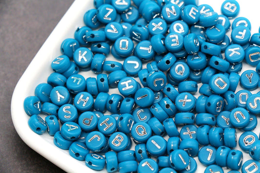 7mm Blue Silver Letter Beads for Bracelets
