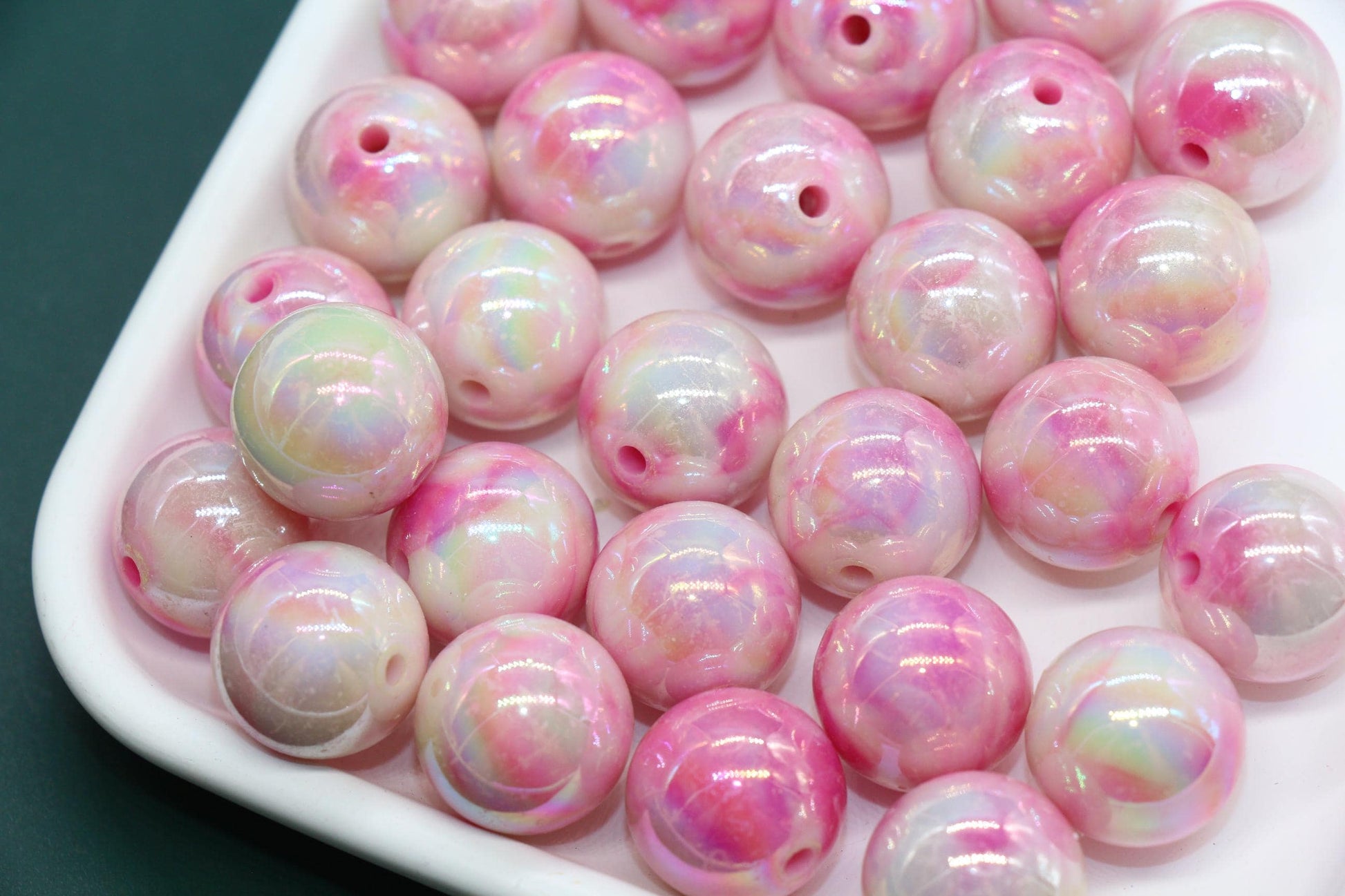 16mm Iridescent Pink Swirl Gumball Beads, Marbled Round Acrylic Beads