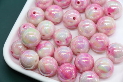 16mm Iridescent Pink Swirl Gumball Beads, Marbled Round Acrylic Beads