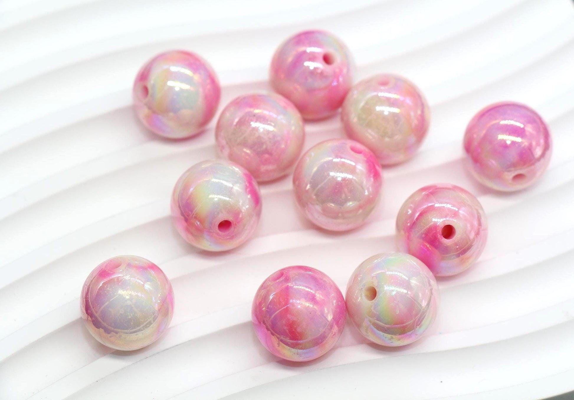 16mm Iridescent Pink Swirl Gumball Beads, Marbled Round Acrylic Beads