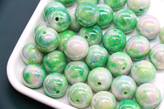 16mm Iridescent Mint Green Gumball Beads, Marbled Round Acrylic Beads