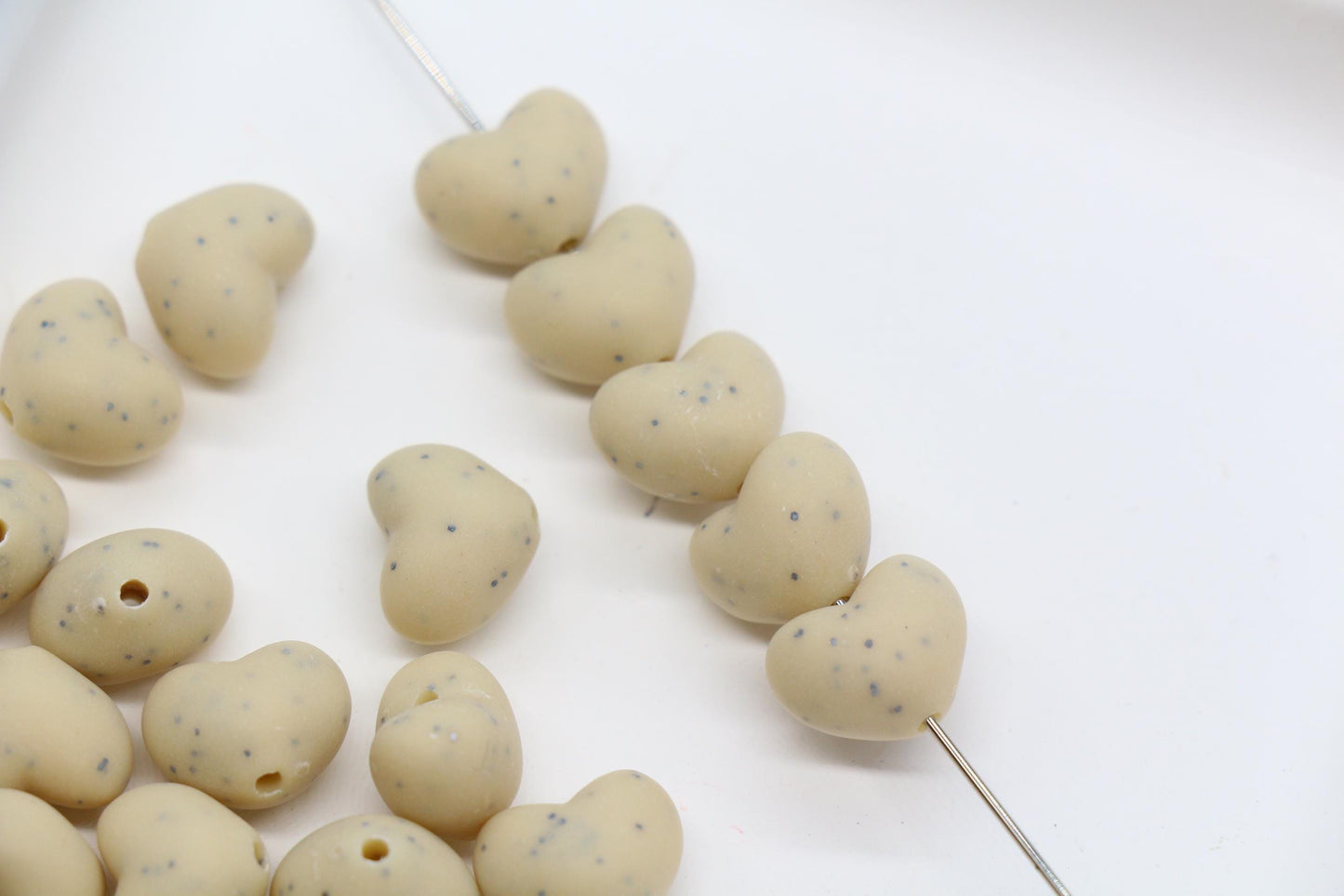 12mm Speckled Cream Heart Beads, Jewelry Making Supplies #3908