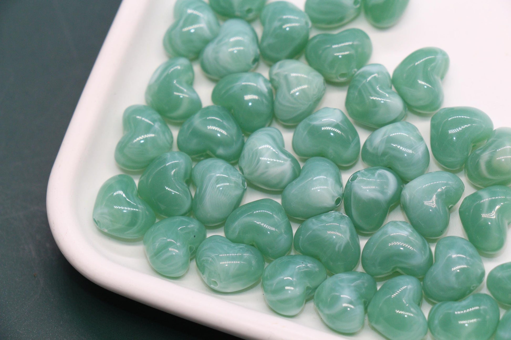 12mm Sage Green Marbled Heart Beads, Jewelry Making Supplies #3902