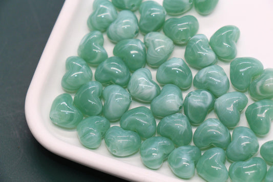 12mm Sage Green Marbled Heart Beads, Jewelry Making Supplies #3902