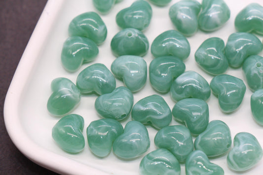 12mm Sage Green Marbled Heart Beads, Jewelry Making Supplies #3902