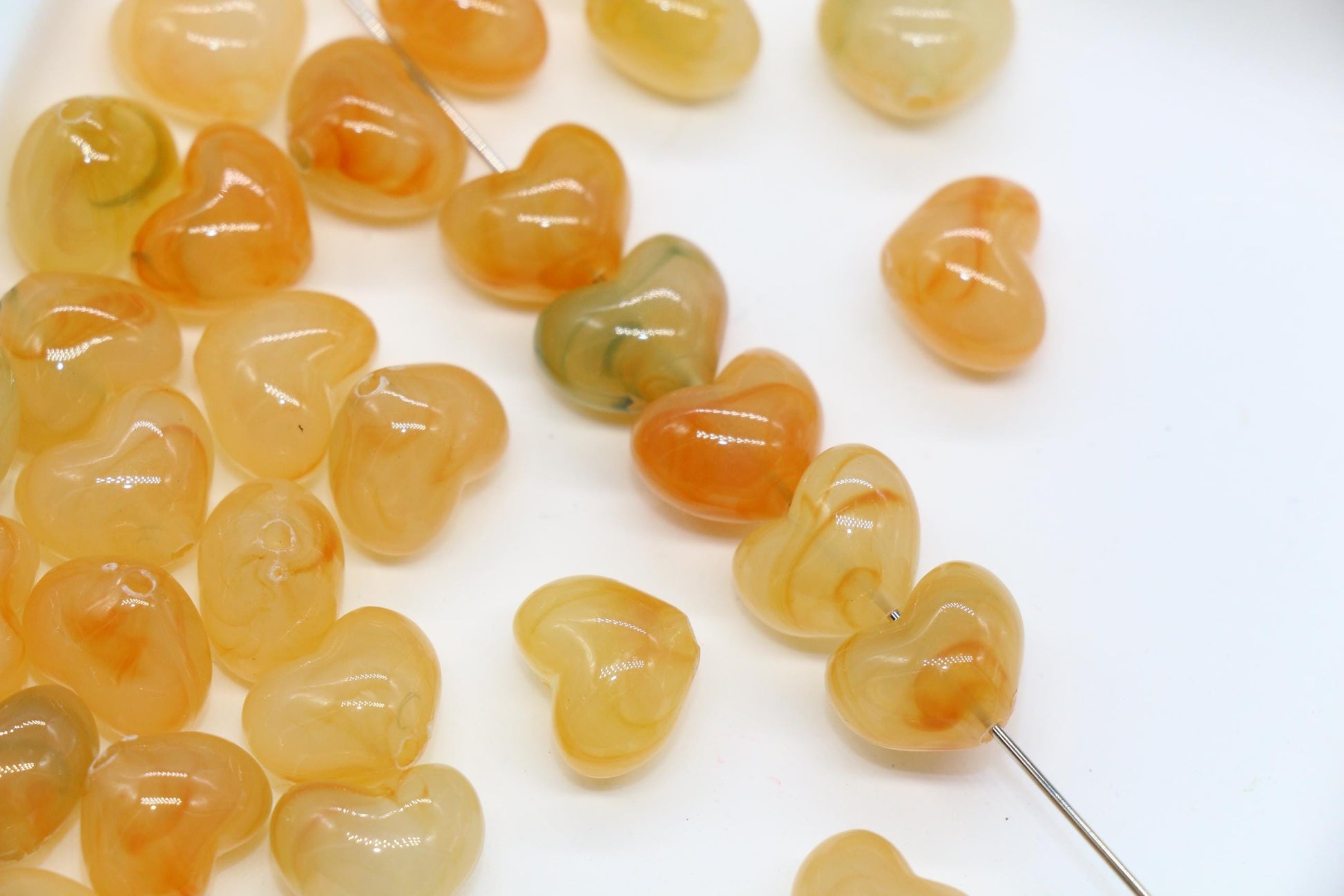 12mm Honey Amber Marbled Heart Beads, Jewelry Making Supplies #3906