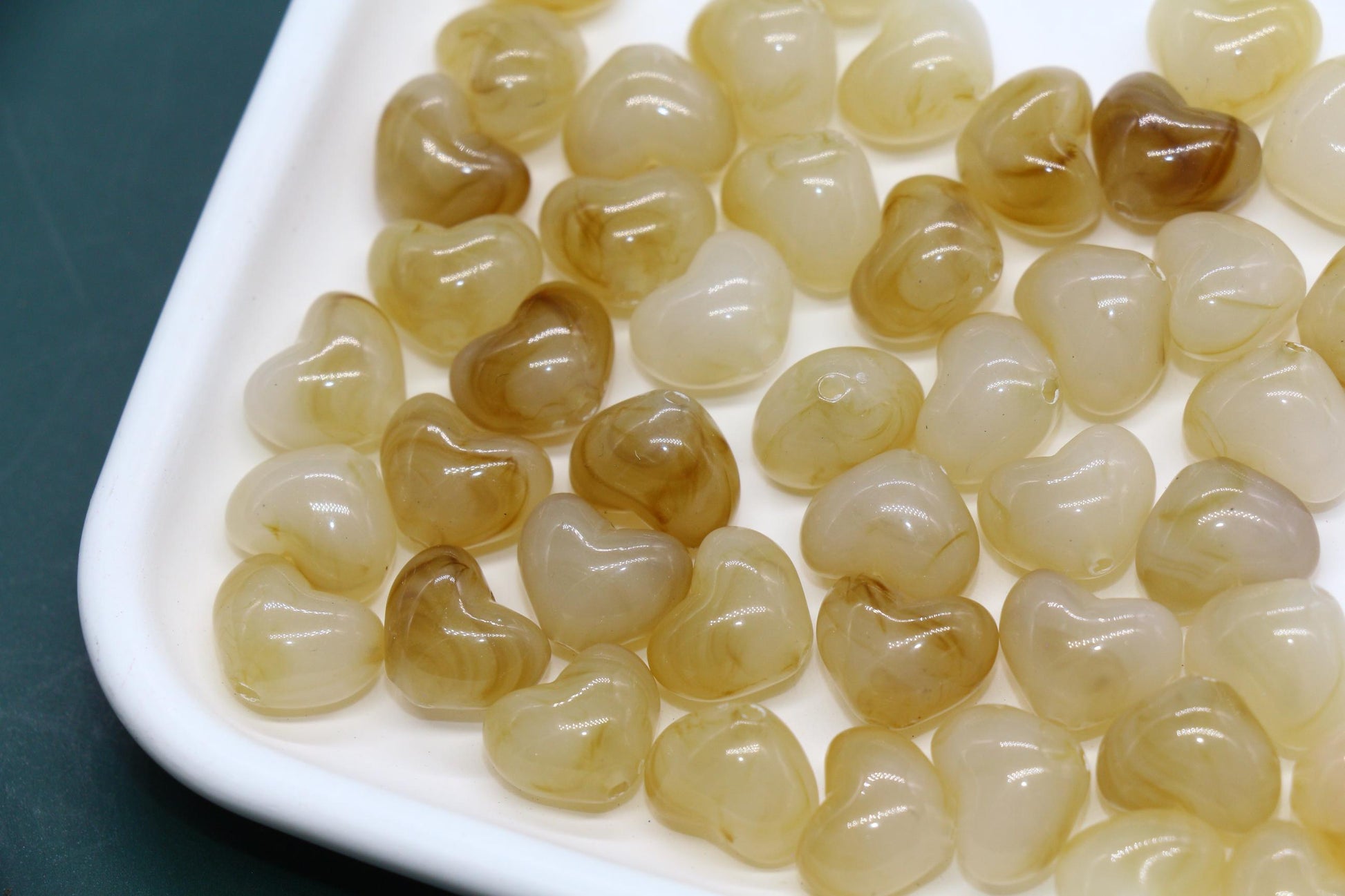 12mm Golden Cream Marbled Heart Beads, Jewelry Making Supplies #3913