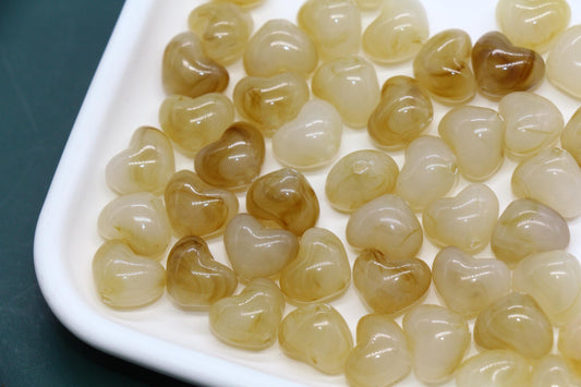 12mm Golden Cream Marbled Heart Beads, Jewelry Making Supplies #3913
