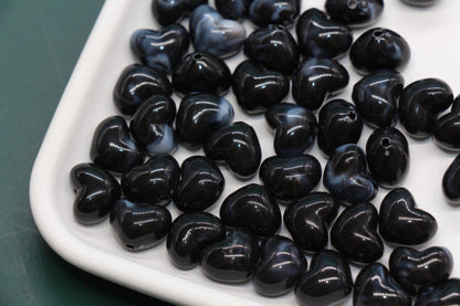 12mm Black Marble Heart Beads, Jewelry Making Supplies #3914
