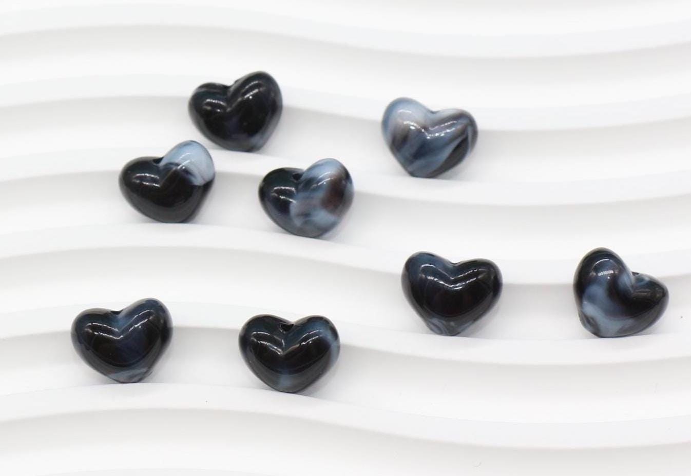 12mm Black Marble Heart Beads, Jewelry Making Supplies #3914