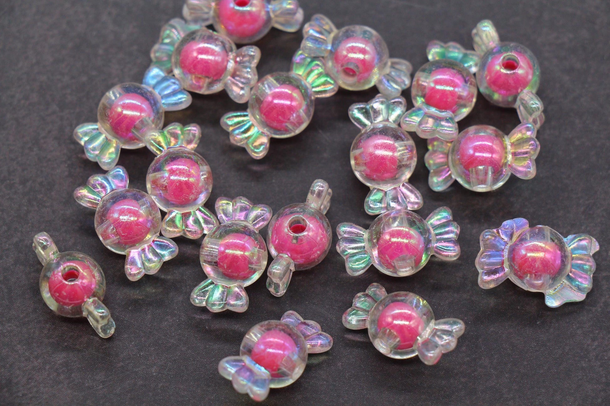 16mm Iridescent Candy Beads, Hot Pink Aurora AB Plastic Beads #3921