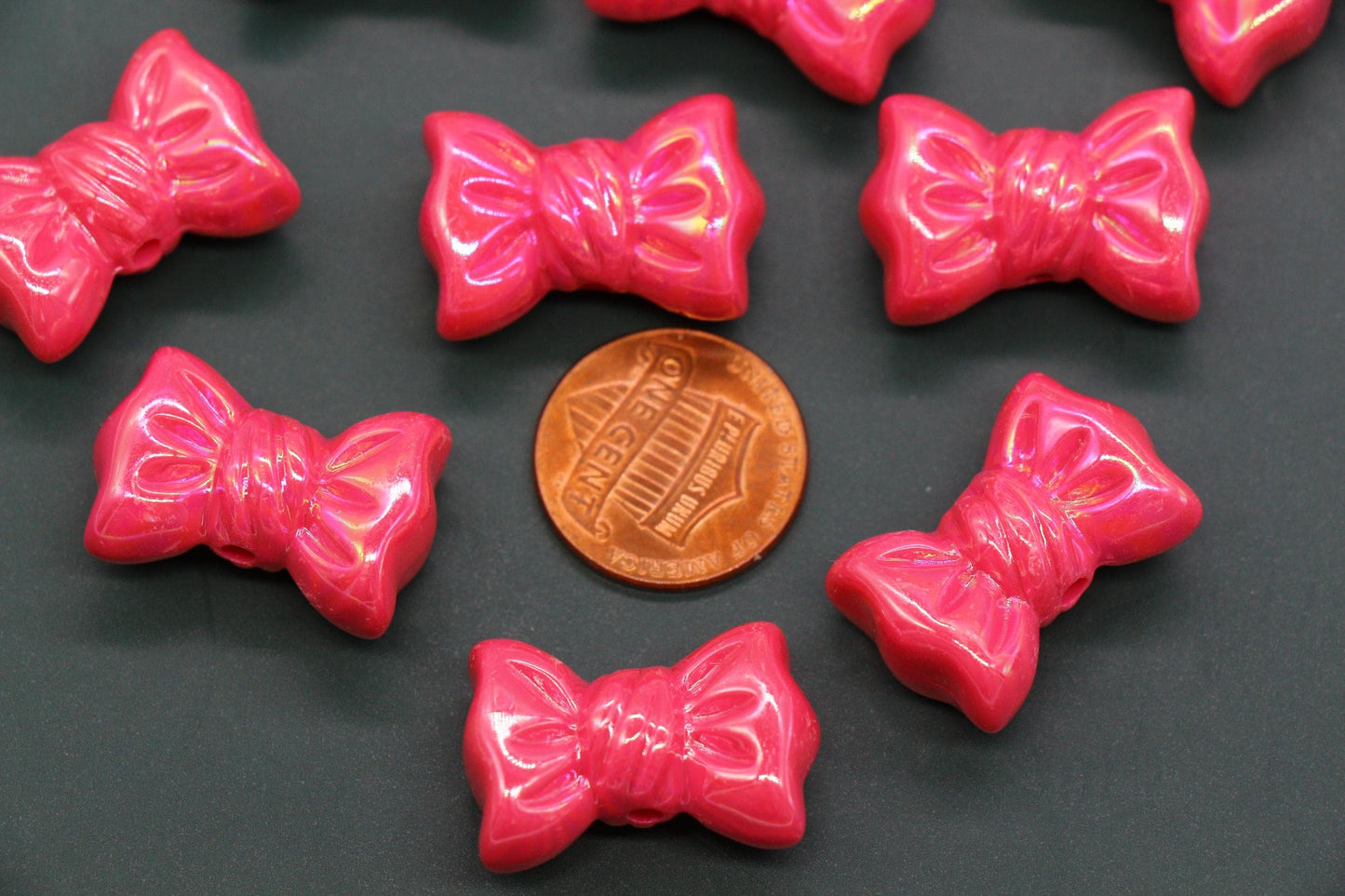 Iridescent Large Bow Beads, Hot Pink Aurora AB Plastic Bow Beads #3521