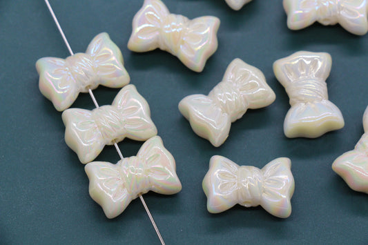 Iridescent Large Bow Beads, Pearl White Aurora AB Plastic Bow Beads #3528
