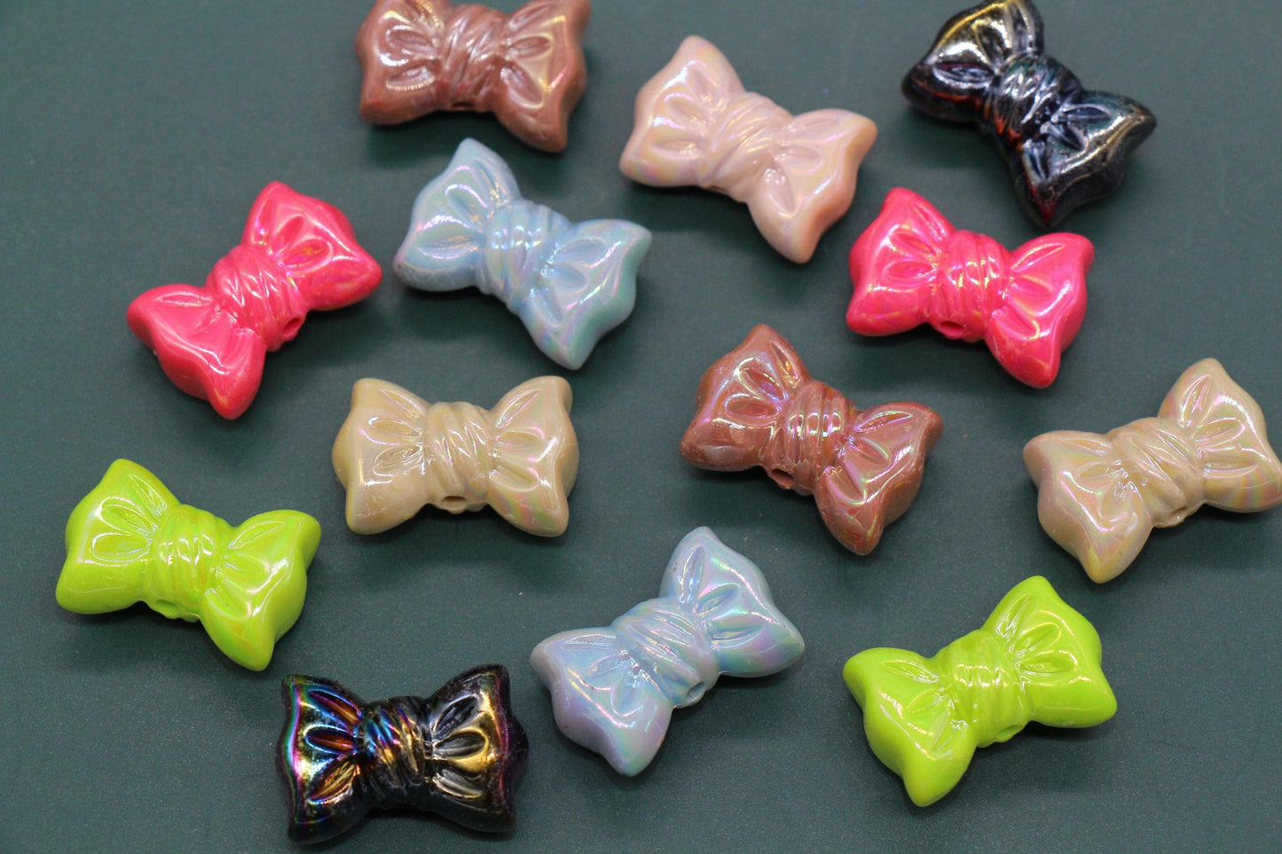 Iridescent Large Bow Beads, Aurora AB Plastic Bow Beads #3530