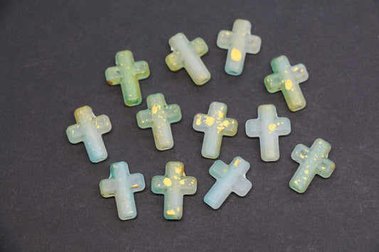 Matte Cross Beads with Gold Specks, Green Ombre Frosted Acrylic Cross Beads #3750