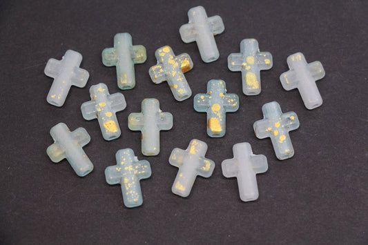 Matte Cross Beads with Gold Specks, Aqua Mist Ombre Frosted Acrylic Cross Beads #3749
