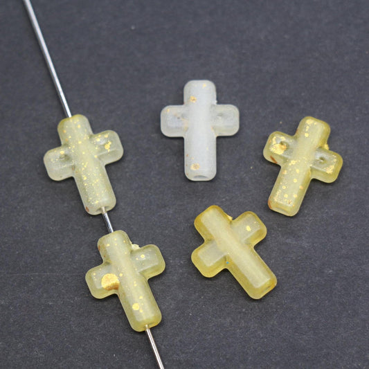 Matte Cross Beads with Gold Specks, Yellow Ombre Frosted Acrylic Cross Beads #3754