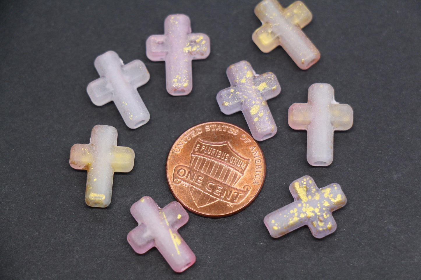 Matte Cross Beads with Gold Specks, Lilac Pink Ombre Frosted Acrylic Cross Beads #3757