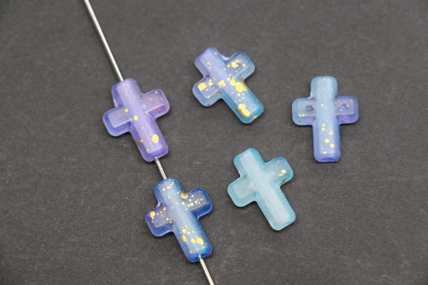 Matte Cross Beads with Gold Specks, Indigo Ombre Blue Purple Mix, Frosted Acrylic Cross Beads #3756