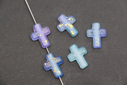 Matte Cross Beads with Gold Specks, Indigo Ombre Blue Purple Mix, Frosted Acrylic Cross Beads #3756