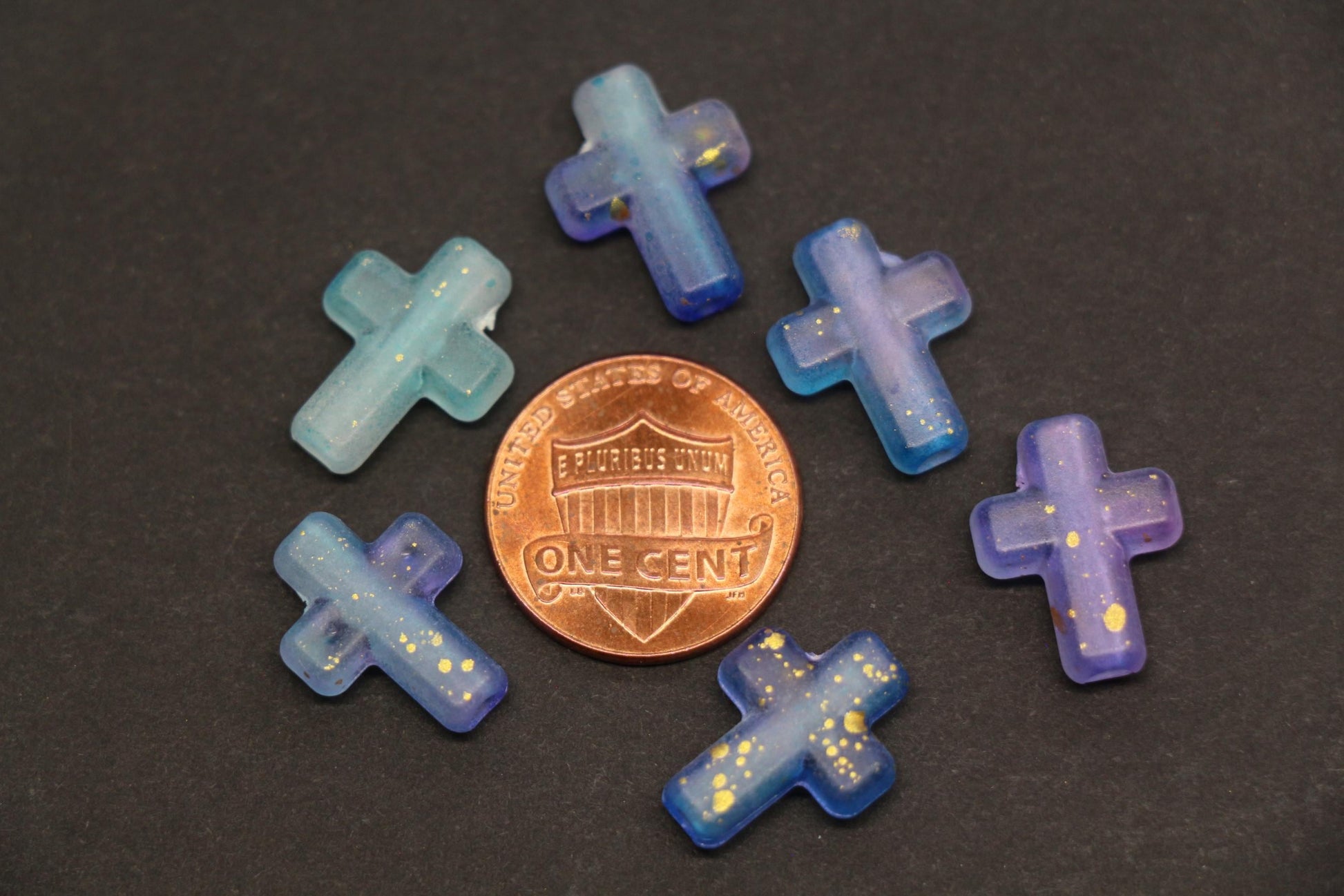 Matte Cross Beads with Gold Specks, Indigo Ombre Blue Purple Mix, Frosted Acrylic Cross Beads #3756