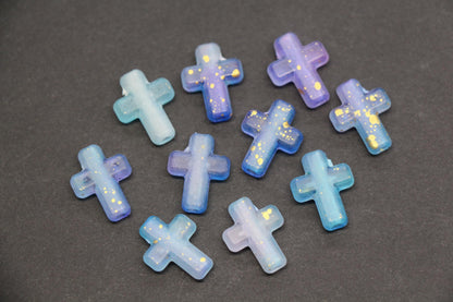 Matte Cross Beads with Gold Specks, Indigo Ombre Blue Purple Mix, Frosted Acrylic Cross Beads #3756