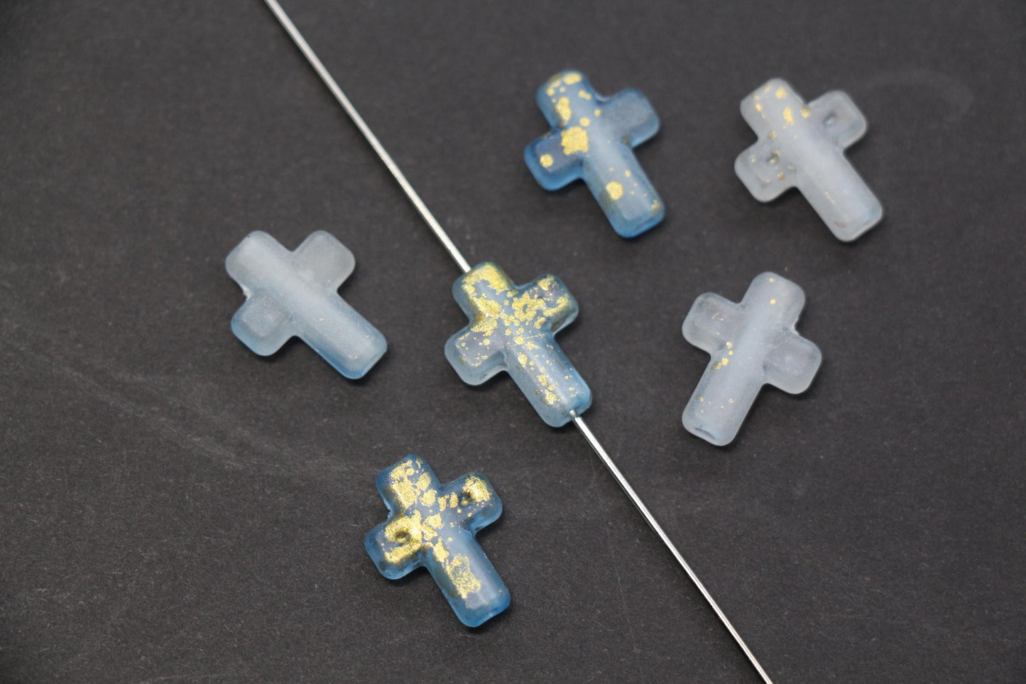 Matte Cross Beads with Gold Specks, Sky Blue Ombre Frosted Acrylic Cross Beads #3747