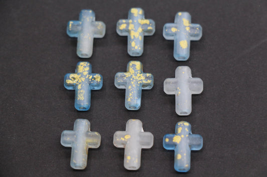 Matte Cross Beads with Gold Specks, Sky Blue Ombre Frosted Acrylic Cross Beads #3747
