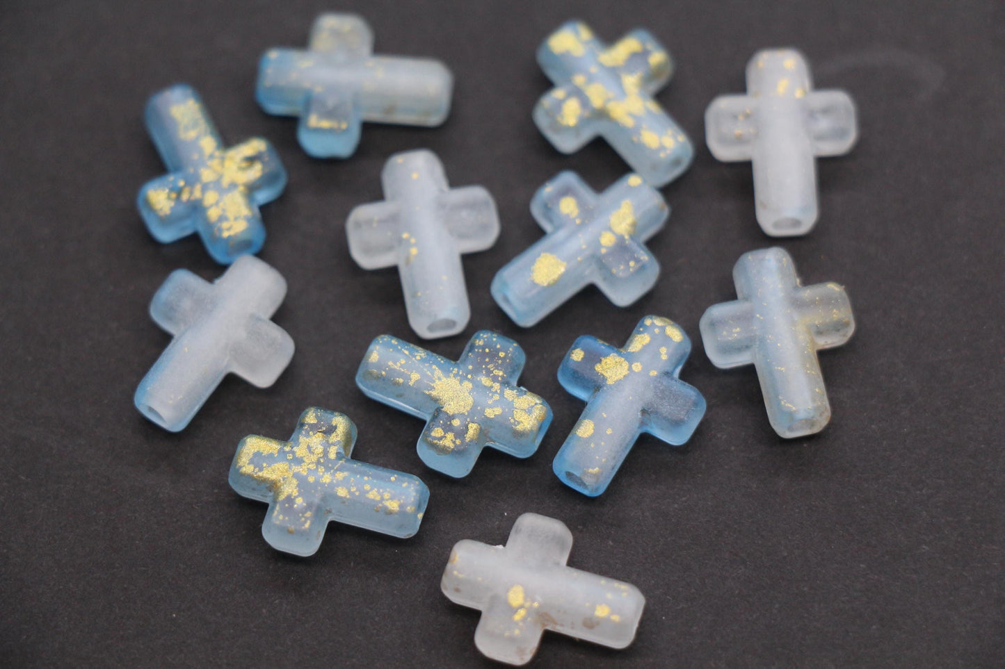 Matte Cross Beads with Gold Specks, Sky Blue Ombre Frosted Acrylic Cross Beads #3747