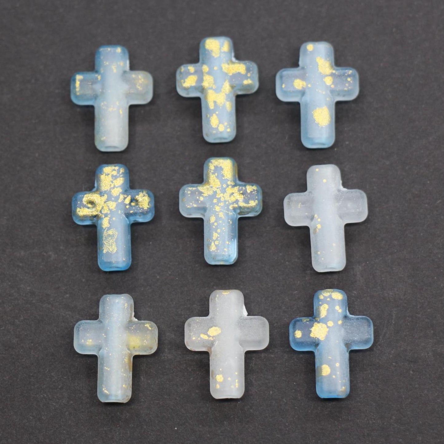 Matte Cross Beads with Gold Specks, Sky Blue Ombre Frosted Acrylic Cross Beads #3747