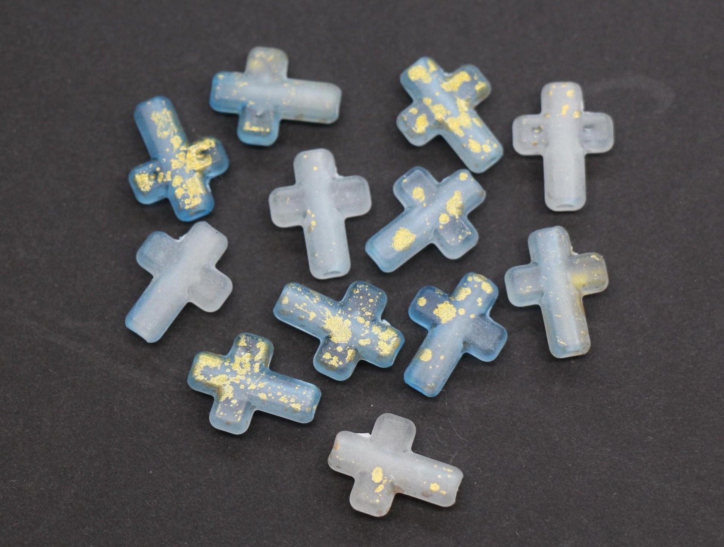 Matte Cross Beads with Gold Specks, Sky Blue Ombre Frosted Acrylic Cross Beads #3747