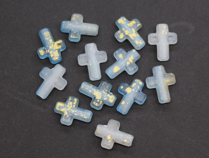 Matte Cross Beads with Gold Specks, Sky Blue Ombre Frosted Acrylic Cross Beads #3747