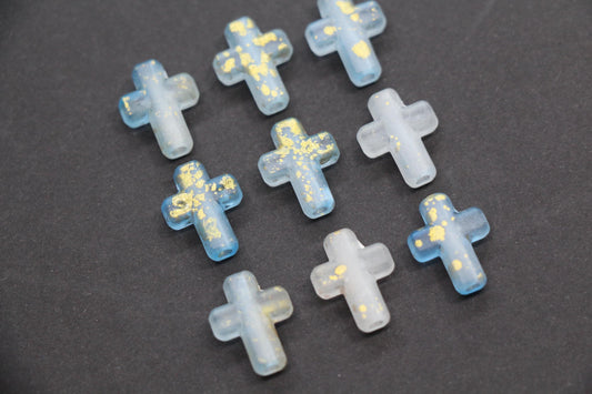 Matte Cross Beads with Gold Specks, Sky Blue Ombre Frosted Acrylic Cross Beads #3747