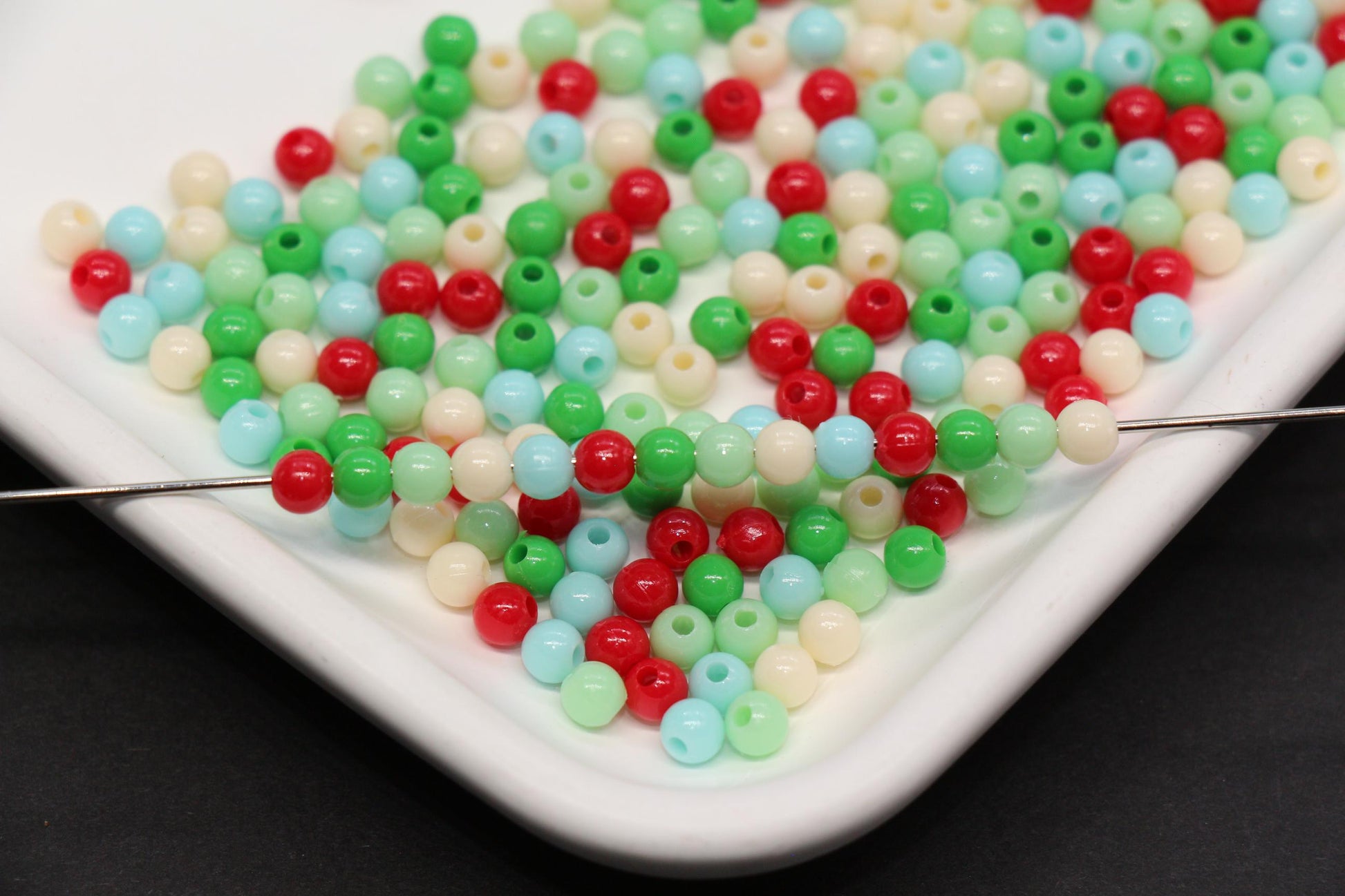 4mm Mint Candy Mix Round Beads, Red Green White Acrylic Round Beads #3383