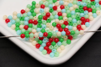 4mm Mint Candy Mix Round Beads, Red Green White Acrylic Round Beads #3383