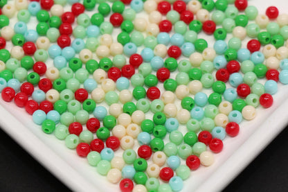 4mm Mint Candy Mix Round Beads, Red Green White Acrylic Round Beads #3383