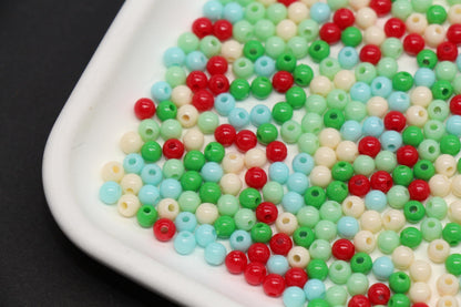 4mm Mint Candy Mix Round Beads, Red Green White Acrylic Round Beads #3383